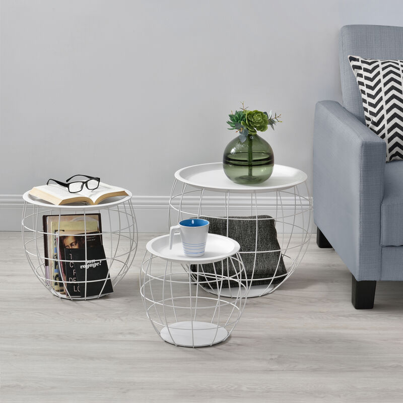 

Set de 3x Cestas de metal con bandejas extraíbles - Mesa baja - Mesa auxiliar para Almacenar - Mesas de té y café - Mesas de Centro - Blanco