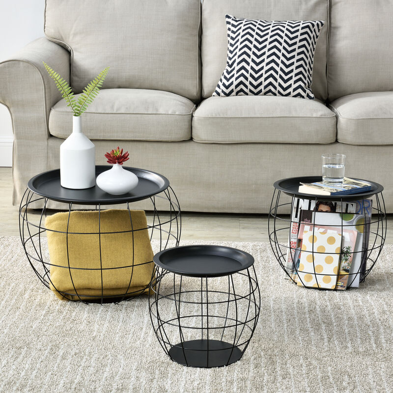 

Set de 3x Cestas de metal con bandejas extraíbles - Mesa baja - Mesa auxiliar para Almacenar - Mesas de té y café - Mesas de Centro - Negro