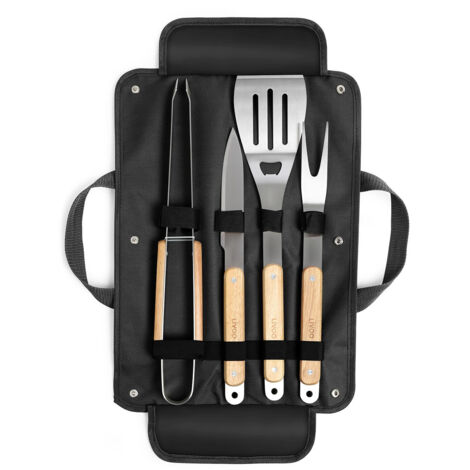 Set de 4 accessoires pour barbecue - Fourchette, pince, spatule, couteau + Pochette  - Acier inox, finition bois