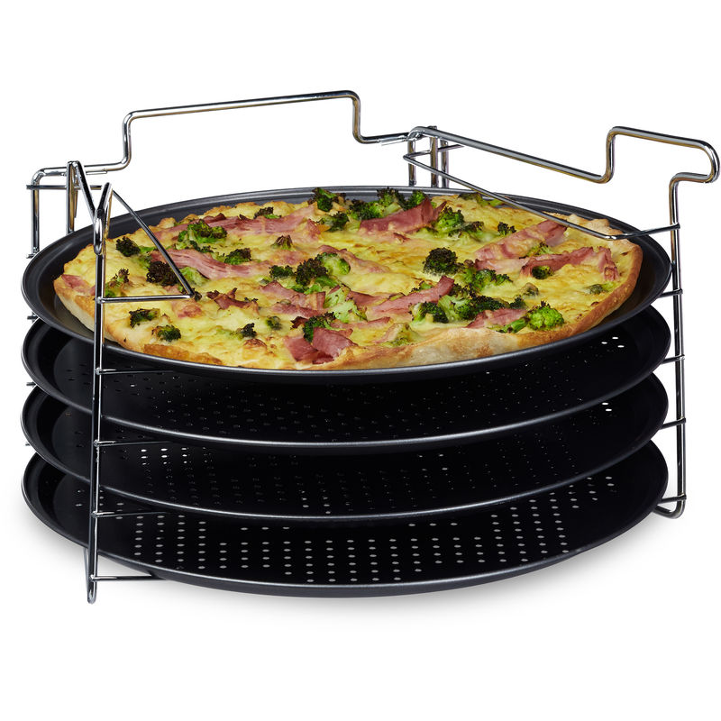 

Relaxdays - Set de 4 Bandejas Pizza Horno con Soporte, Plato Redondo, Molde, Antiadherente, Metal, 32 x 32 cm, Antracita