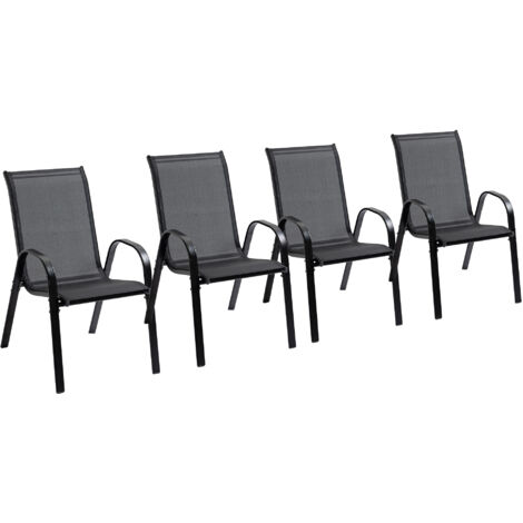 Set de 4 chaises de jardin avec accoudoirs, en métal et tissu respirant, dimensions 70x54x90 cm, couleur noire, pour terrasse ou balcon.