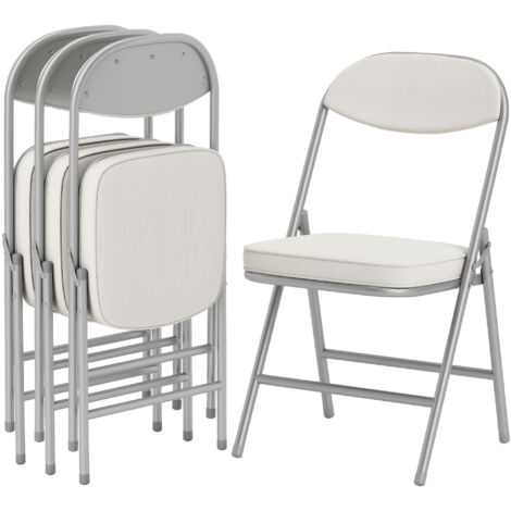 Set de 4 chaises pliantes rembourrées avec housse en corde, dossier et cadre métallique, couleur blanc crème