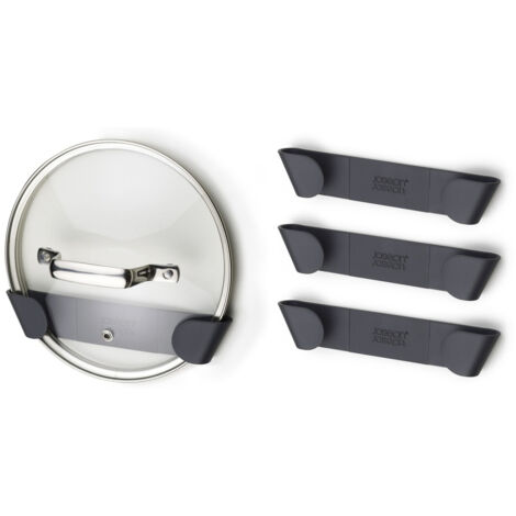 Set de 4 chiusure interne per coperchi de casseruola Joseph Joseph CupboardStore™, facile installazione con nastro adesivo 3M™, grigio, organizer per coperchi de fino a 24 cm.