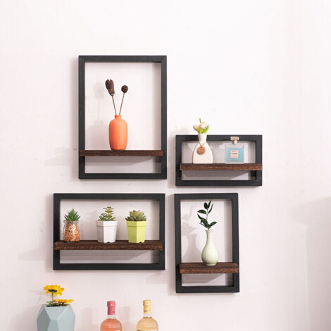 Set de 4 Étagères Murales Noires Vintage avec Crochets, Déco Salon, Bureau, Pots Fleurs, Bougies, Photos, Albums, Rangement Suspendu Polyvalent