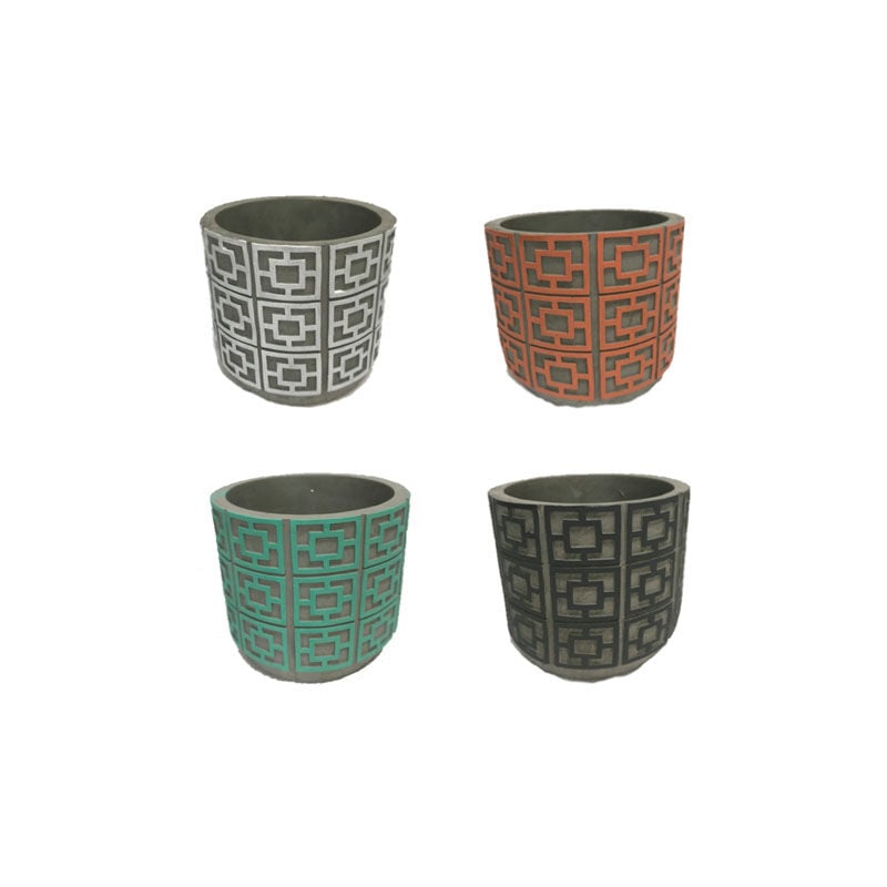 

Set de 4 maceteros de jardín Fiore redondos con relieve de cemento multicolor de Ø 14x12 cm