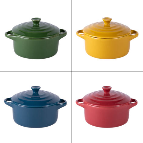 Set de 4 mini cocottes en grès 9 cm – Couleurs vibrantes vert, jaune, bleu, rouge – Couvercles pour conserver chaleur et saveurs – Table Passion