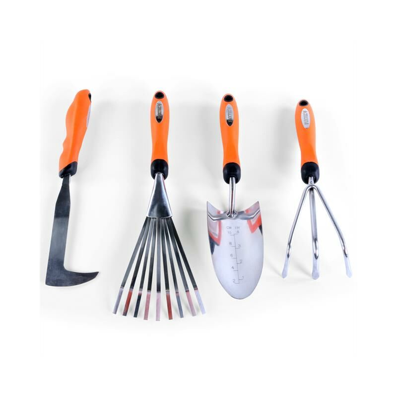 Set de 4 outils de jardin à main premium Fuxtec grattoir joint, griffe 3 dents, râteau et pelle à main