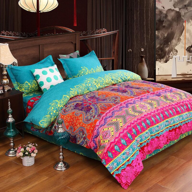 Set de 4 Pièces Parure de lit 220x240cm Style Boho/Indien avec 2 Taies d'oreiller 48x75cm et 1 Drap de lit 250x270cm, Linge de lit 100% Coton, Housse