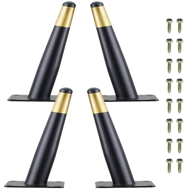 Set de 4 Pieds de Meuble de 15cm en Métal - Avec Base Silencieuse Antidérapante, Noir + Doré - Ulisem