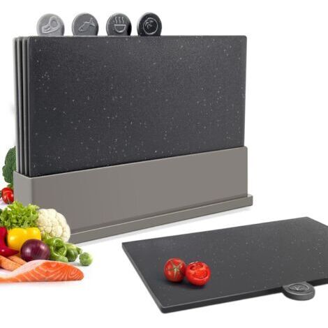 Set de 4 Planche a Decouper, Planches à Découper Plastique avec Code Couleur et Support, Planche Cuisine pour Préparation Séparée des Différents Aliments, Inclus 1 Paire Ciseaux