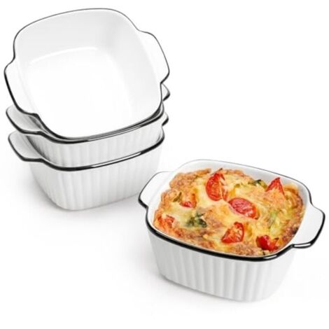 Set de 4 Plats de Cuisson Carrés en Céramique 14.5cm, 400Ml - Avec Poignées, Pour Friteuse à Air, Four et Micro-ondes