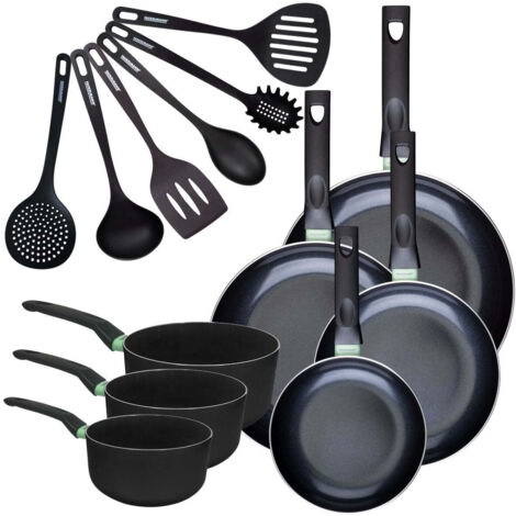 Set de 4 poêles 20 24 28 et 30 cm et 3 casseroles 16, 18 et 20 cm antiadhésives céramique et 6 ustensiles Fackelmann Brandao