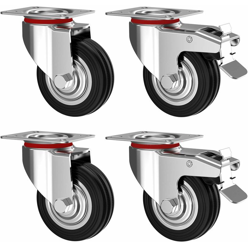Set de 4 Roulettes pivotantes 100 mm avec frein-Roulettes pour meubles jusqu'à 70 kg par roue-Charge lourde-Caoutchouc pour intérieur et extérieur
