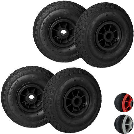 Set de 4 ruedas de carretilla, 3.00-4, Neumático de goma, Llanta de plástico, Eje de 25 mm, 260x85 mm, Negro