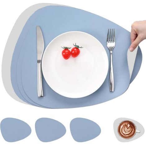 Set De 4 Sets De Table Et Dessous De Verre - Sets De Table Antidérapants - Forme Ovale - Réversibles (couleur Différente Sur Chaque Face) - Aspect Cuir - Couleurs : Bleu Ciel Et Gris Clair