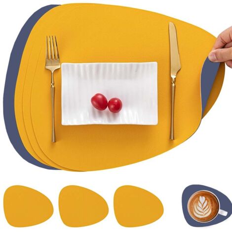 Set De 4 Sets De Table Et Dessous De Verre - Sets De Table Antidérapants - Forme Ovale - Réversibles (couleur Différente Sur Chaque Face) - Aspect Cuir - Couleurs : Jaune Et Bleu