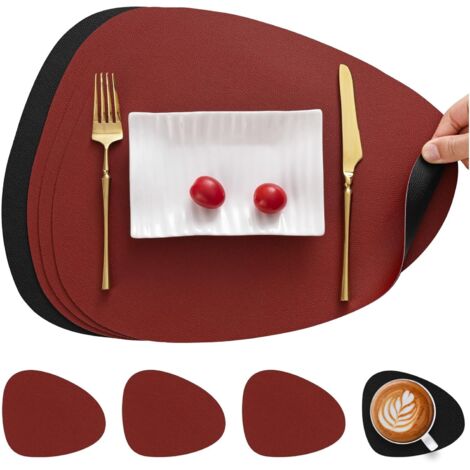 Set De 4 Sets De Table Et Dessous De Verre - Sets De Table Antidérapants - Forme Ovale - Réversibles (couleur Différente Sur Chaque Face) - Aspect Cuir - Couleurs : Rouge Et Noir