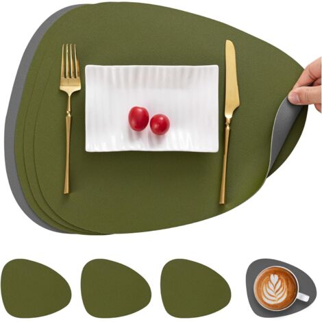 Set De 4 Sets De Table Et Dessous De Verre - Sets De Table Antidérapants - Forme Ovale - Réversibles (couleur Différente Sur Chaque Face) - Aspect Cuir - Couleurs : Vert Et Gris