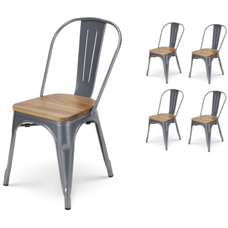 Set de 4 sillas de metal gris plata y asiento de madera clara - Estilo industrial