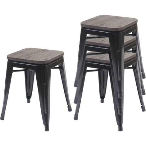Set de 4 tabourets bas assise en bois cadre en métal noir design industriel empilable 040005231