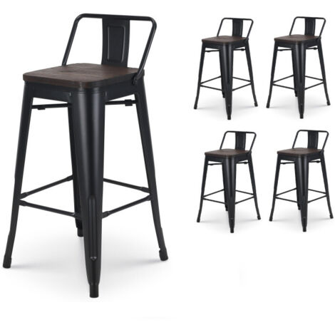 Set de 4 Taburetes de Bar de Metal Negro Mate Estilo Industrial con Respaldo y Asiento de Madera Oscura - Altura 66cm