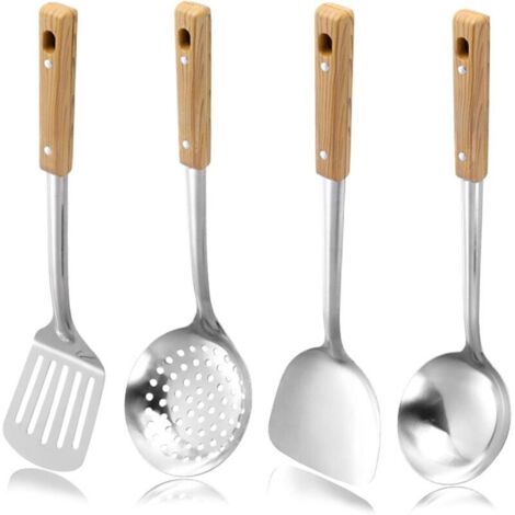 Set de 4 ustensiles pour wok en acier inoxydable : spatule pour wok, louche ajourée, écumoire et cuillère ajourée — Ustensiles de cuisine en métal