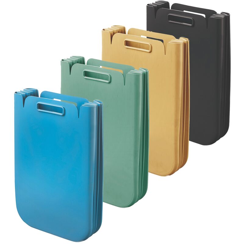 Lot de 4 conteneurs multi-usages pliables de 25 litres chacun (100 litres au total), en plastique recyclé, 45x30 cm, en couleur.