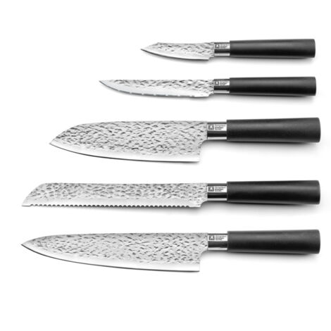 Set de 5 couteaux de cuisine – Lames martelées pour coupe nette – Manche ergonomique en bois – Couteaux japonais professionnels – Richardson Sheffield