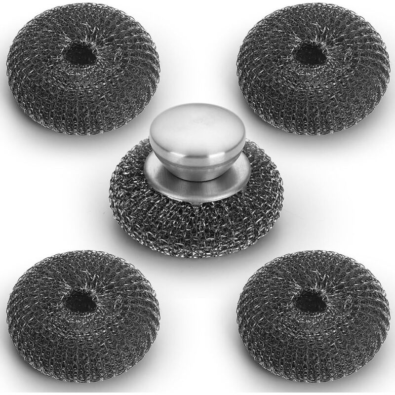Set De 5 Éponges en Acier Inoxydable avec Poignée , Paille De Fer, en Métal 9.5 x 7cm Confortable à Tenir Et Durable Et Solide