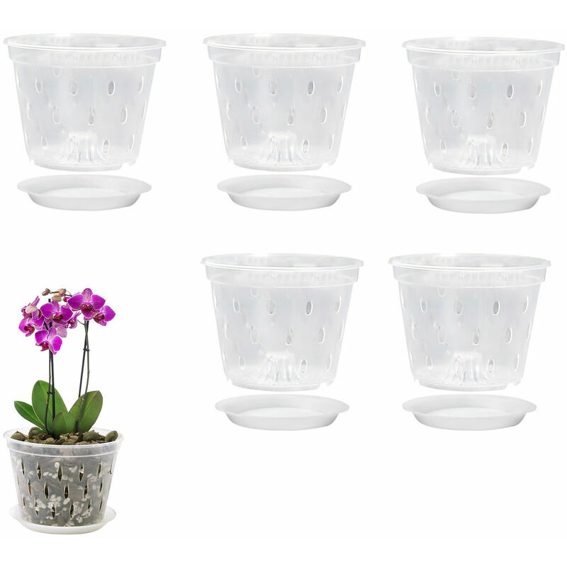 Set de 5 pots d'orchidées transparentes avec trous - pots d'orchidées cachés pots de fleurs avec plateau en plastique pour jardin, décoration de