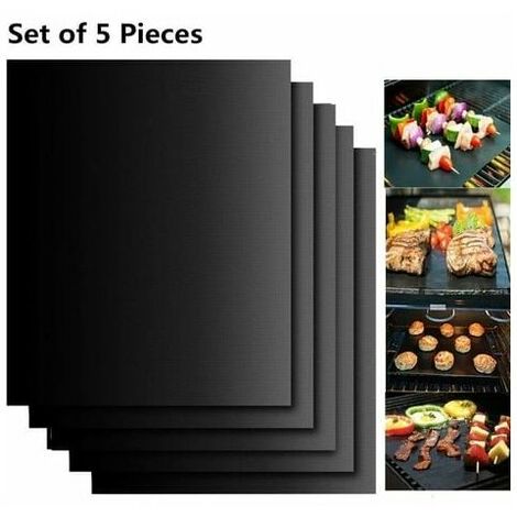 Set de 5 Tapis de Cuisson Tapis BBQ Barbecue Plaque Feuille de Cuisson Four 40 33cm pour Barbecue gaz Charbon électrique 100% Anti-adhérent - Noir