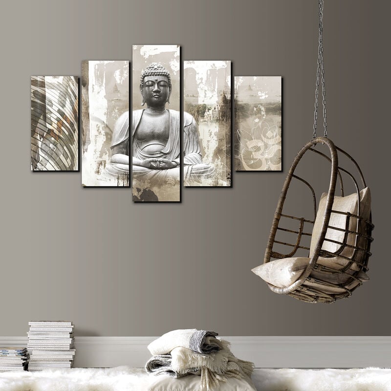 Art For The Home - Set de 5 toiles imprimées Bouddha 150 x 100cm Blanc, Gris