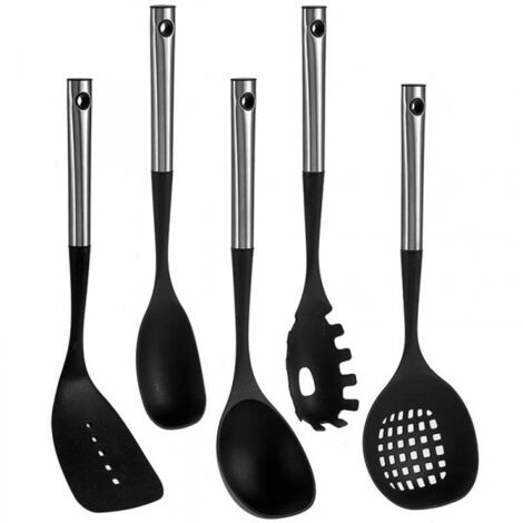 Set de 5 Ustensiles de Cuisine Manche en Métal Chromé et Polypropylène Noir