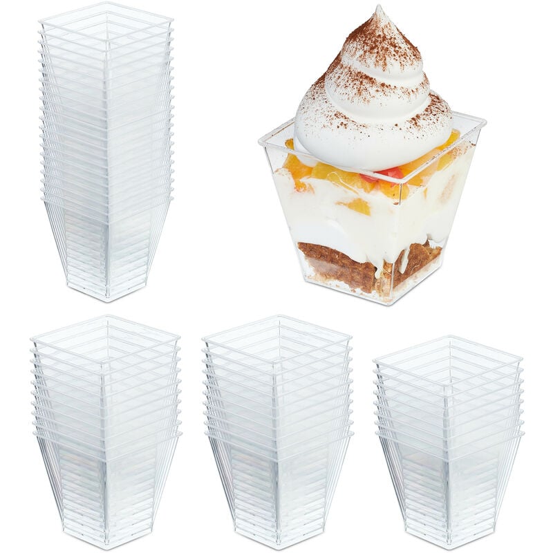 Coupes à dessert, lot de 50, verrines réutilisables, pour tiramisu, pudding, etc., plastique, transparentes - Relaxdays