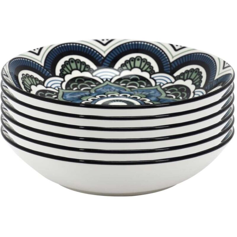 Set de 6 assiettes creuses en porcelaine bleu mandala (Ø20cm) - MANDALA