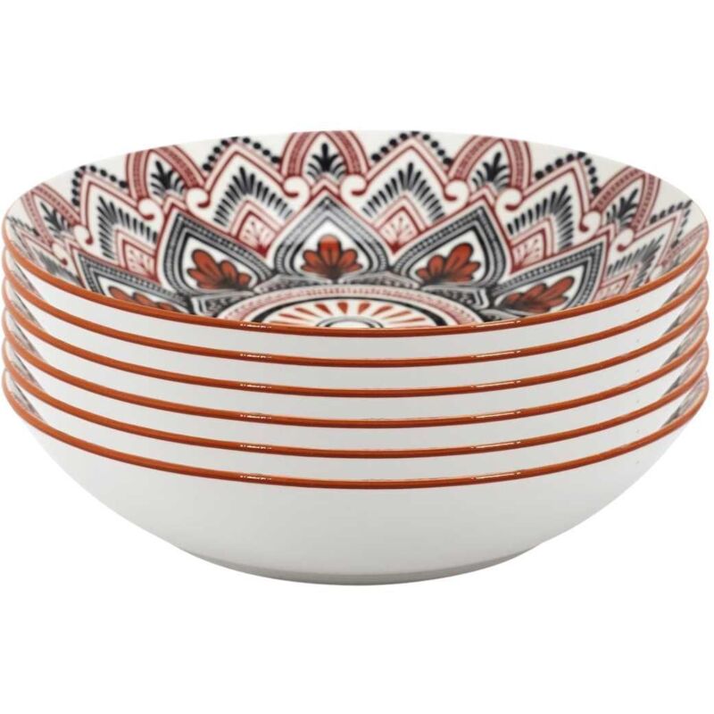 Set de 6 assiettes creuses en porcelaine orange mandala (Ø20cm) - MANDALA