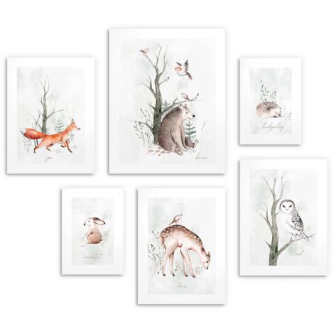 Set de 6 carteles infantiles Galería Acuarela Animales del Bosque 100x100