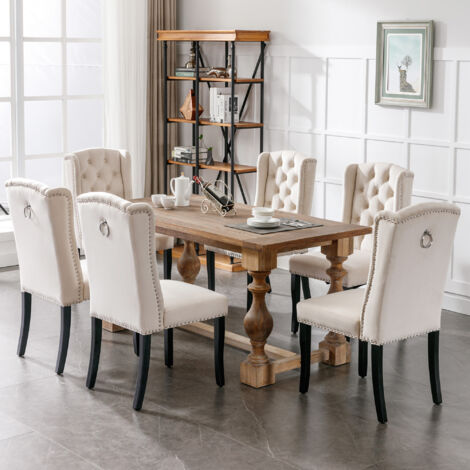 Set de 6 chaises à table, avec pieds en bois. Chaise dotée d’un bouton, d’une poignée en chrome, et de motifs en forme de clous. Chaise pour la chambre, la cuisine, le salon… Chaise de style décontrac