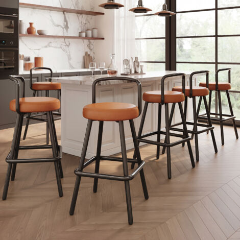 Set de 6 chaises moderne pour bars, avec dossier ergonomique, cuir PU résistant à l’eau et pieds en métal stables. Chaise avec dossier, appuie-tête pour les bars, cuisines et salons. Couleur marron.