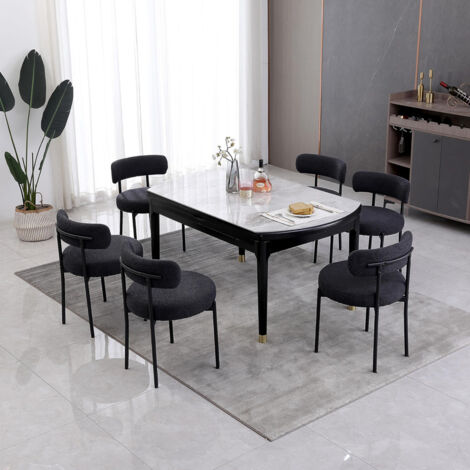 Set de 6 chaises scandinaves avec dossier incurvé – Coussin épais 10 cm en éponge – Cadre en métal noir mat – Confort optimal pour repas