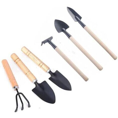 Set De 6 Mini Outils De Jardinage à Main - Râteau, Pelle, Bêche - Bois et Fer Pour Pots - 140g