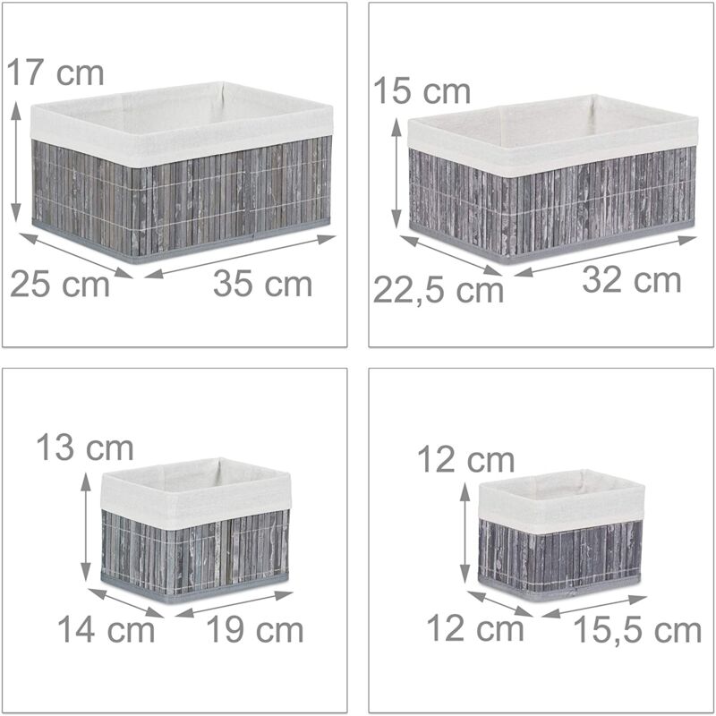 Set de 6 paniers corbeille de rangement décoration en bambou et tissu gris