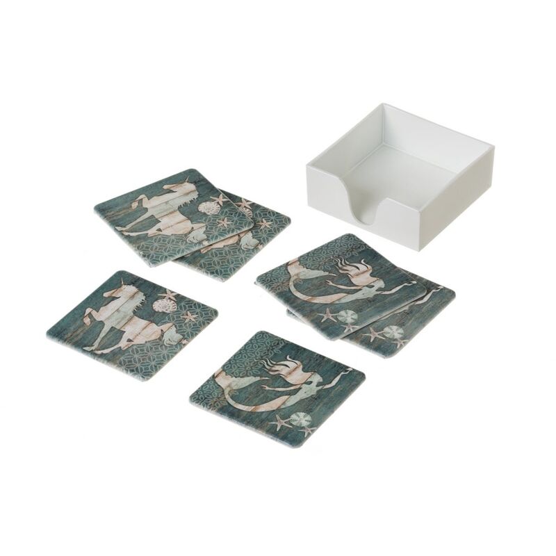 

Set de 6 posavasos en caja blanco y azul de cerámica de 11x11 cm
