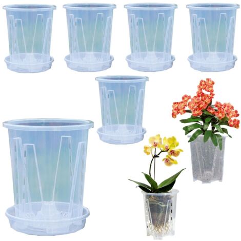 Set de 6 pots de fleurs – Pots de plantes – Pots à orchidées spéciaux – Pots hydroculture – Avec trous de drainage – Incluant soucoupes – Pour les jacinthes des bois, orchidées, plantes grasses, roses