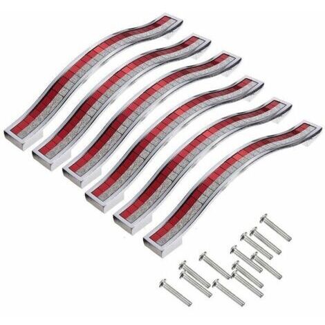Set de 6 tirador de puertas decorativos de cristal con un diámetro de 96 mm para armarios, cajones, armarios, cubos de basura y percheros en color plata y rojo.