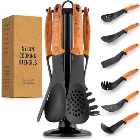 Set de 6 ustensiles de cuisine avec support rotatif - Manches aspect bois - Noir/Marron - H 36 cm - Livraison gratuite