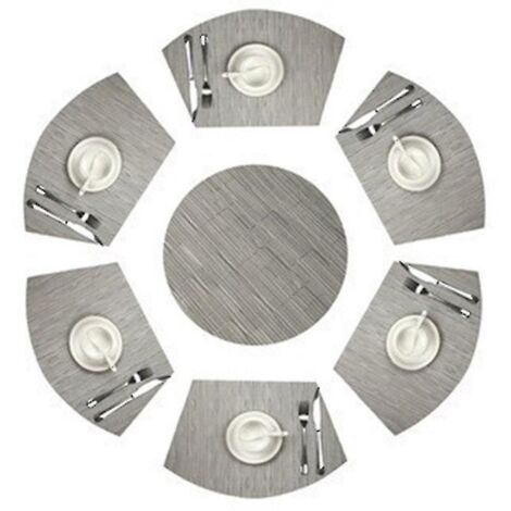 Set de 7 sets de table ronds en forme de coin avec centre de table, résistants à la chaleur et lavables - Argent