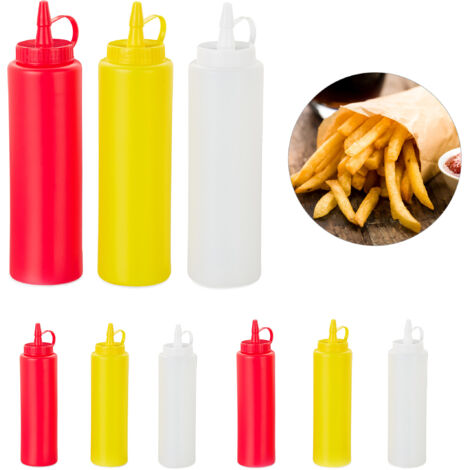 Set de 72 Biberones Cocina, Dispensador de Salsa, Aceite, Dosificador, Bote, PE, 400 ml, Rojo-Amarillo-Blanco
