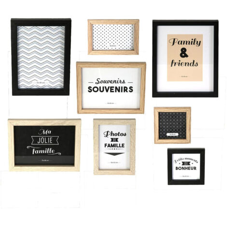 Set de 8 Cadres Photo Effet Bois Naturel et Noir