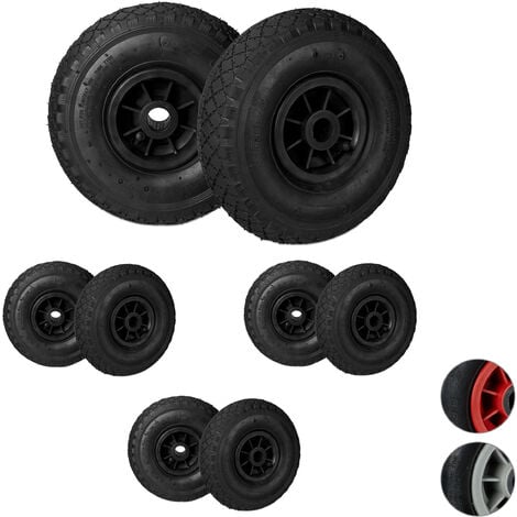 Set de 8 ruedas de carretilla, 3.00-4, Neumático de goma, Llanta de plástico, Eje de 25 mm, 260x85 mm, Negro